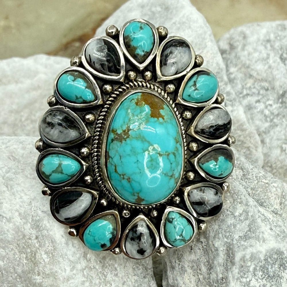 NWT Sierra Nevada Turquoise & White Buffalo Halo Ring 12.90ctw Sterling Silver 8